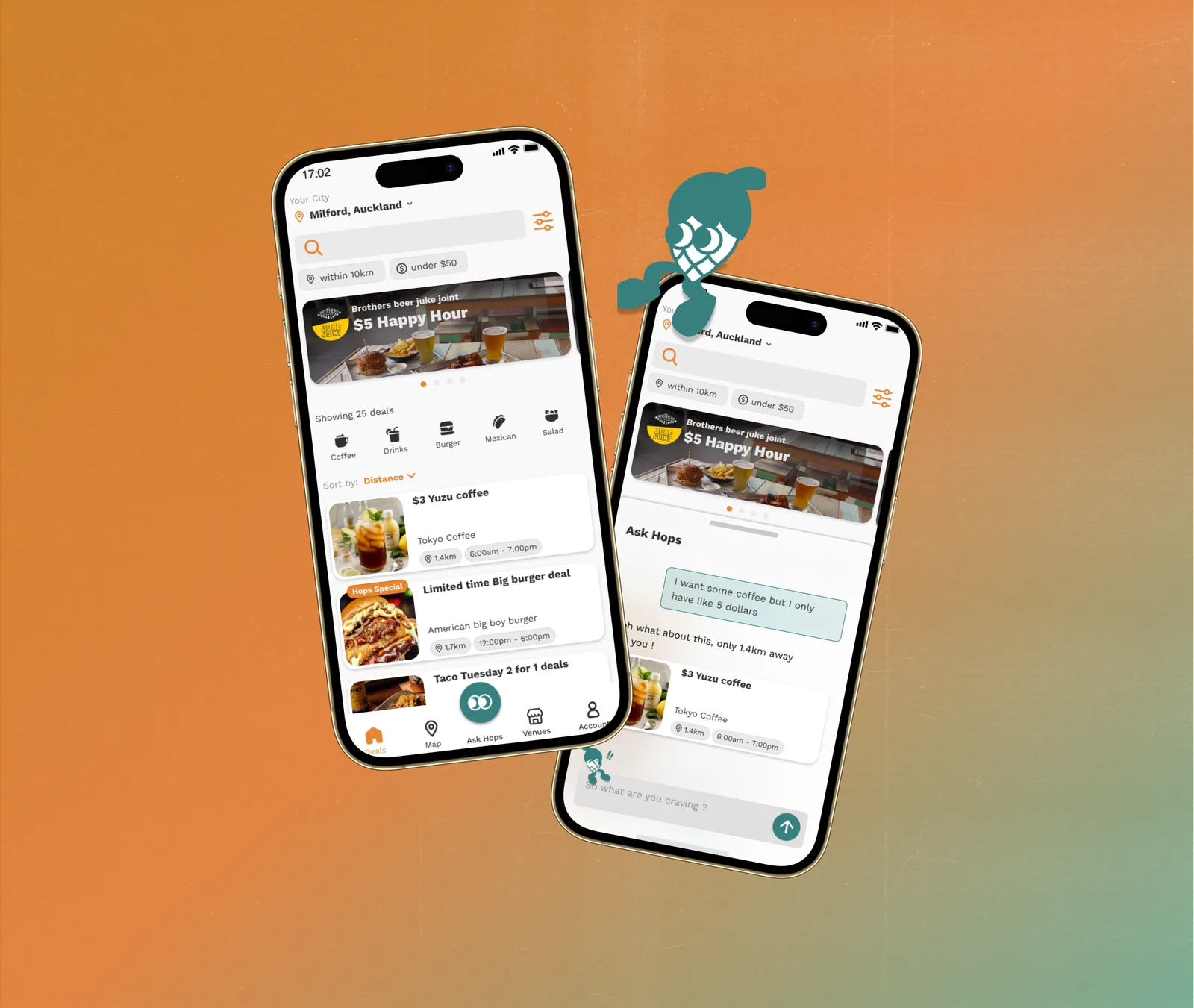 Hops mobile app home dashboard showing nearby food deals.