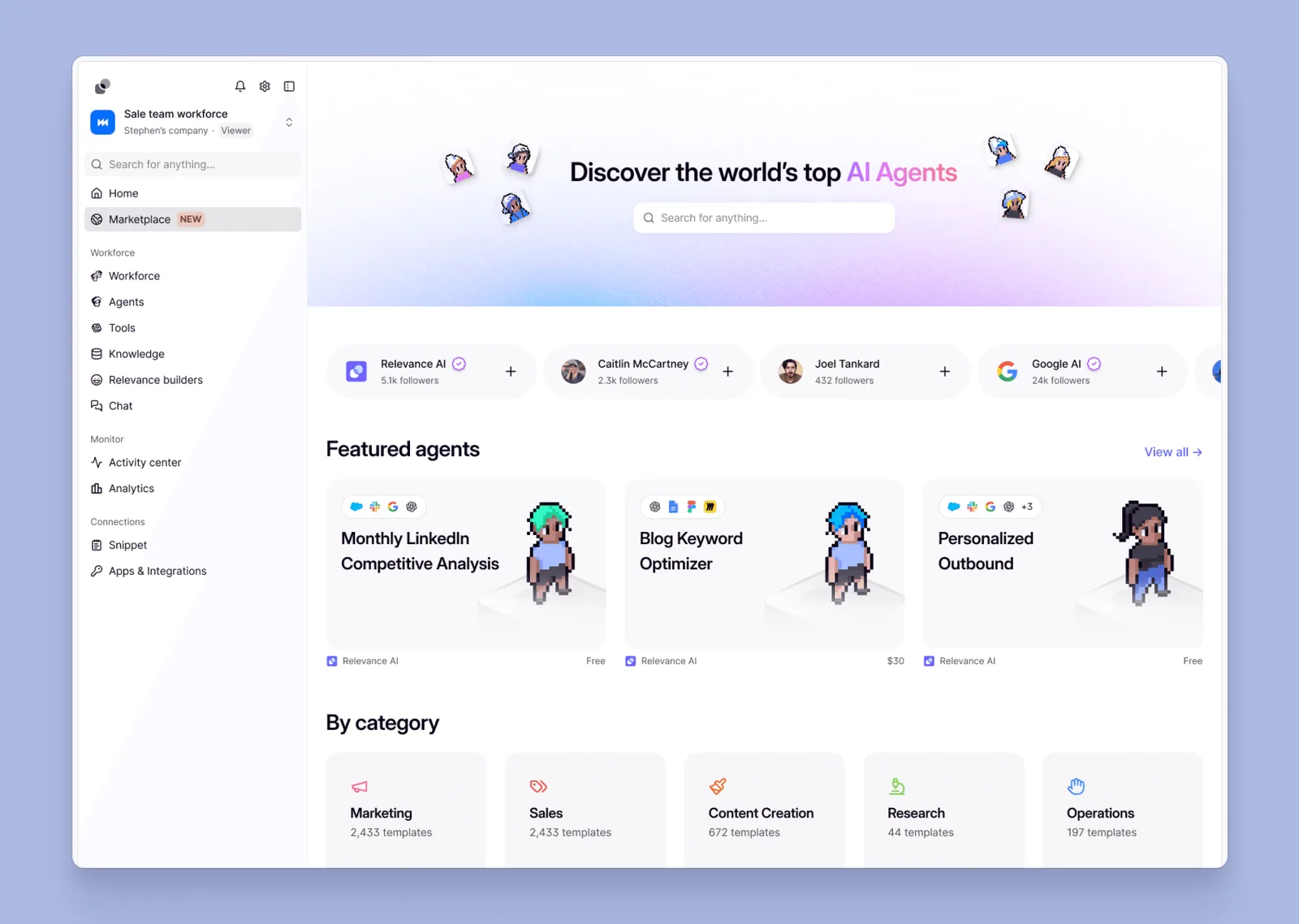 Relevance AI agent marketplace home.